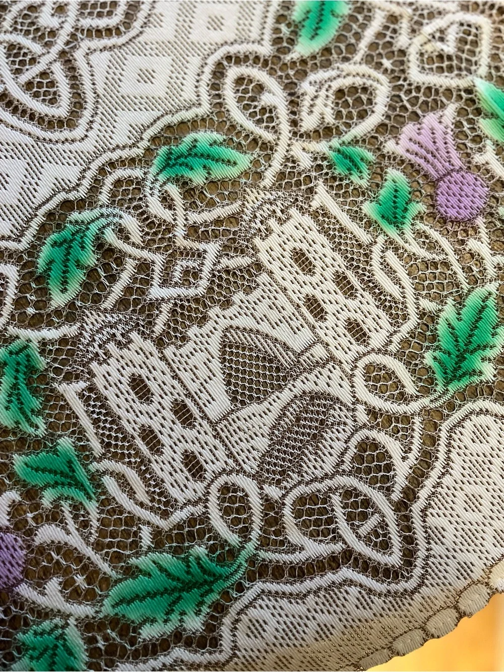 Vintage Scottish Lace Tablecloth - Oval Celtic Thistle & Castle Lace Tablecloth